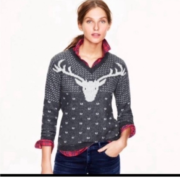 J. Crew Sweaters - J.Crew 100% Wool Reindeer Sweater Gray White V Neck Nordic Small